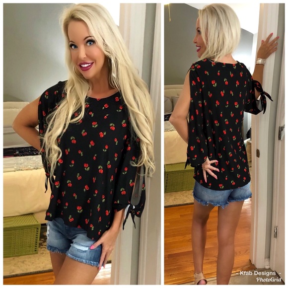 Tops - 🍒So Cute! Cherry Print Tie Sleeve Top!